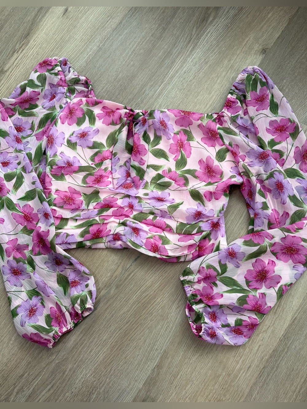 Gianni Bini GB Pink & Purple Floral Crop Top Long Sleeve Square Neck Blouse, Lg